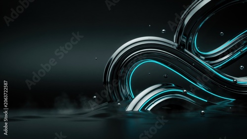 3 d abstract swirls with neon blue light and bubbles