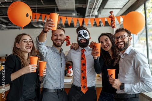 Happy office workers celebrating Halloween party with costumes, decorations and orange cups in modern workplace