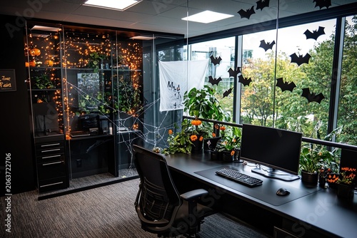 Modern office workspace decorated for Halloween with bat cutouts, orange lights, and spooky decorations creating festive autumn atmosphere