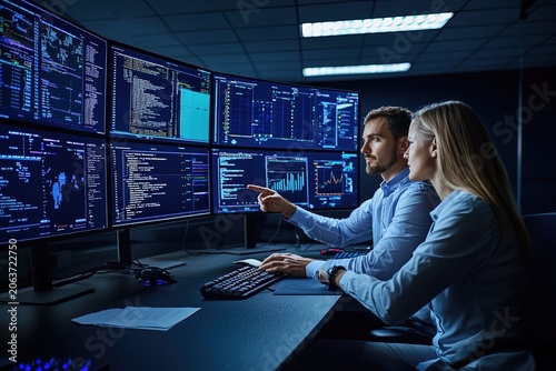 Two cybersecurity professionals analyzing data on multiple monitors in modern control room with digital dashboards and security analytics