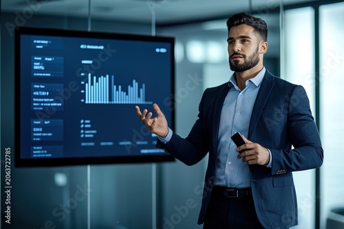 Business executive presenting data analytics dashboard in modern office - professional man with smartphone explaining charts and graphs on digital screen