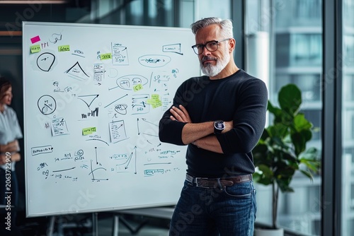 Confident mature businessman standing by whiteboard with business diagrams and charts in modern office brainstorming session