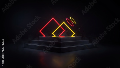 Red and yellow neon geometric shapes on dark stage