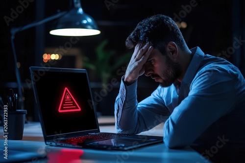 Stressed businessman with head in hands looking at laptop computer showing red warning error alert triangle symbol during late night work in dark office