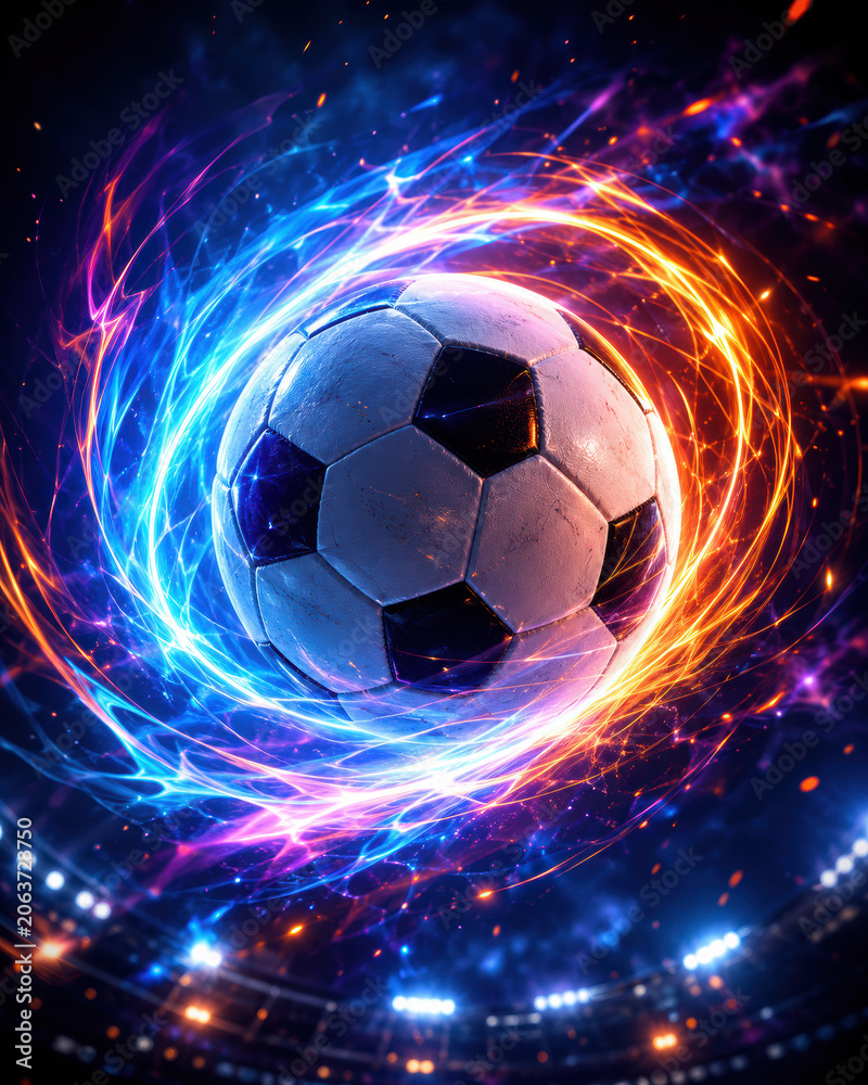 Fototapeta premium Soccer ball floating with glowing blue and orange fire energy in a dark stadium