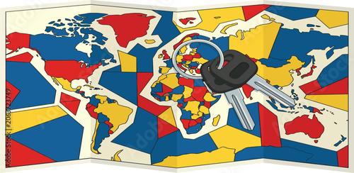 Colorful folded world map with car keys on top for travel and navigation concept
