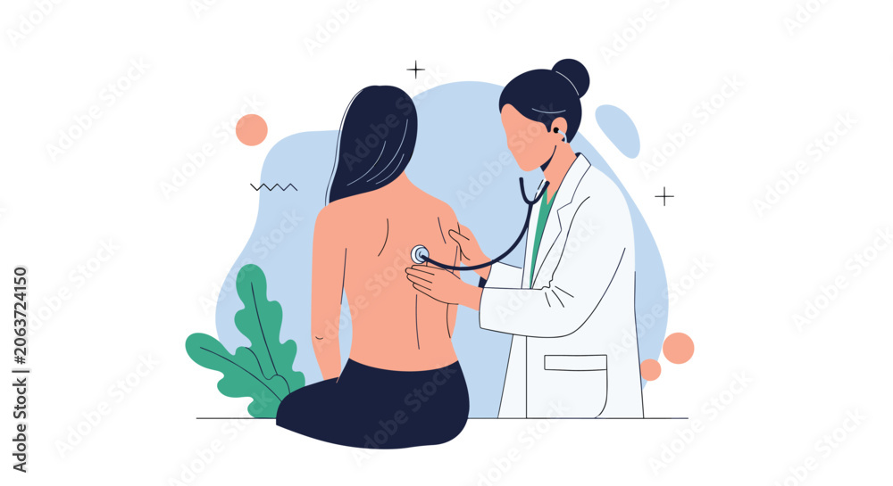 Fototapeta premium Professional female doctor using a stethoscope to examine the lungs of a patient during a routine medical checkup in a bright clinical office.
