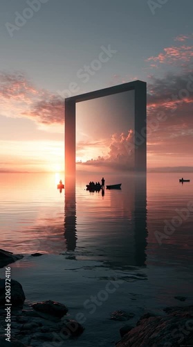 An outdoor movie screen floating on a calm lake at sunset, with small boats gathered to watch, creating a magical summer event atmosphere with warm cinematic light.