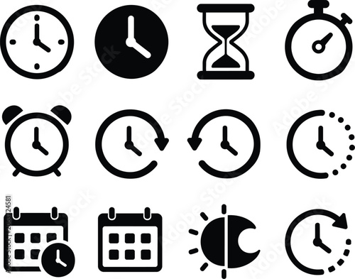 A comprehensive set of black time and date icons, including clocks, calendars, timers, and hourglasses, isolated on a white background for professional user interface design.