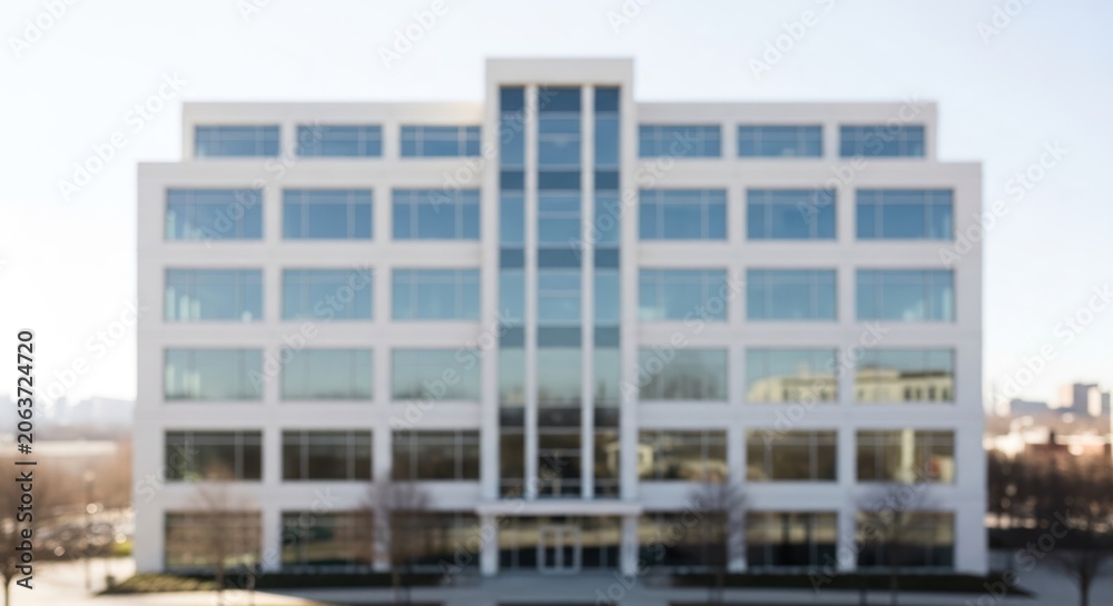 Fototapeta premium Blurred Modern White Office Building Exterior Under Bright Sunny Sky