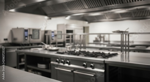 Blurred Professional Commercial Kitchen with Stainless Steel Equipment