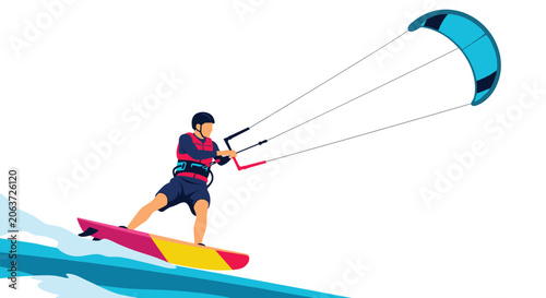 Brave man practicing extreme water sport kiteboarding on blue ocean waves under clear sky summer illustration.