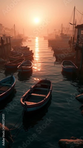 A small coastal harbor at sunrise with colorful fishing boats gently rocking on calm water, illuminated by warm golden reflections and a peaceful morning atmosphere.