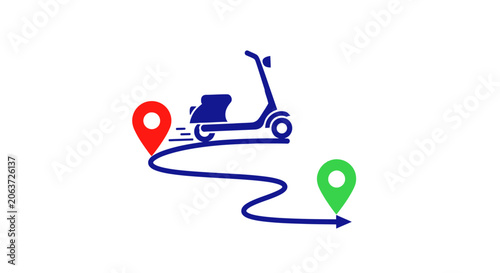 Bild auf Leinwand Scooter with a delivery route path.