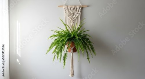 Green fern in macrame plant hanger on gray wall
