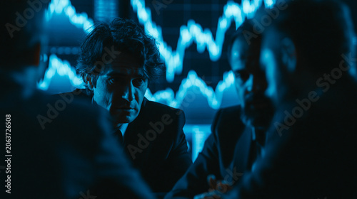 An office environment where a group of financial experts discusses the instability of the cryptocurrency market, with charts and graphs as a backdrop. The setup includes substantial copy space for
