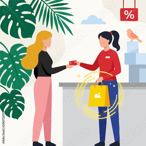 Woman paying with credit card at store checkout, successful purchase concept