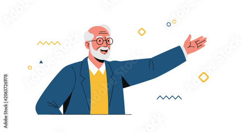 Friendly senior man with grey hair and glasses gesturing with hand as if presenting something on white background.