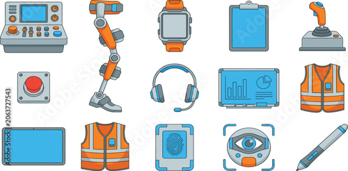 Industrial safety and smart factory technology icon set with exoskeleton vest and control panels