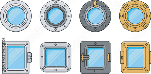 Canvastavla Set of round and rectangular ship porthole windows vector illustration isolated collection representing maritime vessel architecture, nautical design elements and marine transportation concepts