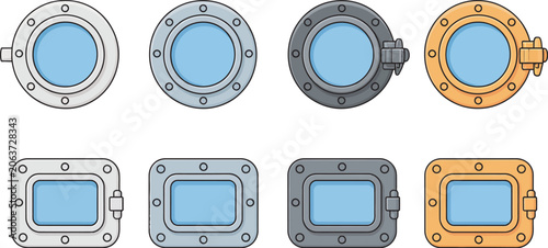 Foto Set of round and rectangular ship porthole windows vector pack featuring metal frame ship windows for cruise ships, cargo vessels, submarines and nautical interior design visuals