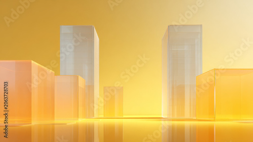 minimalist background, light orange gradient, 3d transparent glass buildings 