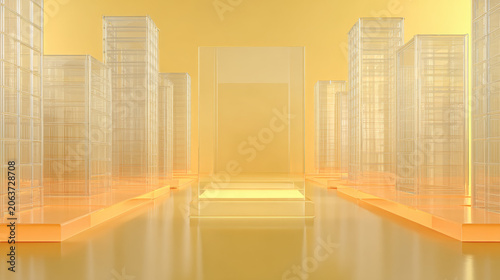 minimalist background, light orange gradient, 3d transparent glass buildings 