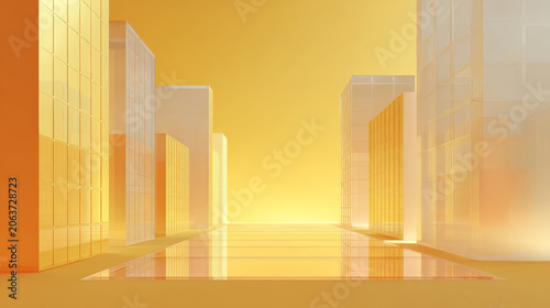 minimalist background, light orange gradient, 3d transparent glass buildings 