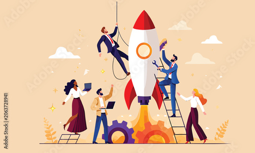Professional business team working together to build a launching rocket ship in this colorful flat vector illustration for startup growth and corporate innovation strategy concepts