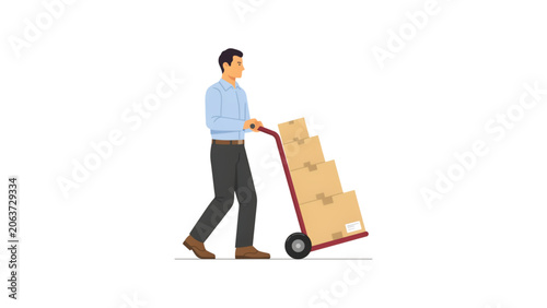 Fotografie Man pushing large cardboard box on a red dolly in casual office attire