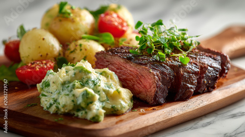 baked beef served with vegetables and potatoes