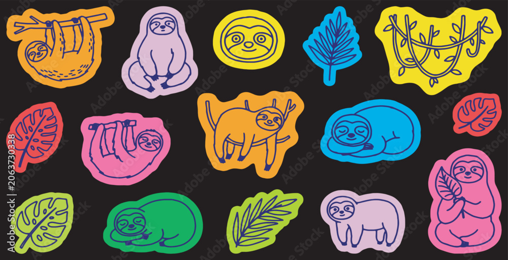 Fototapeta premium Colorful Sloth and Leaf Stickers Collection on Black Background.