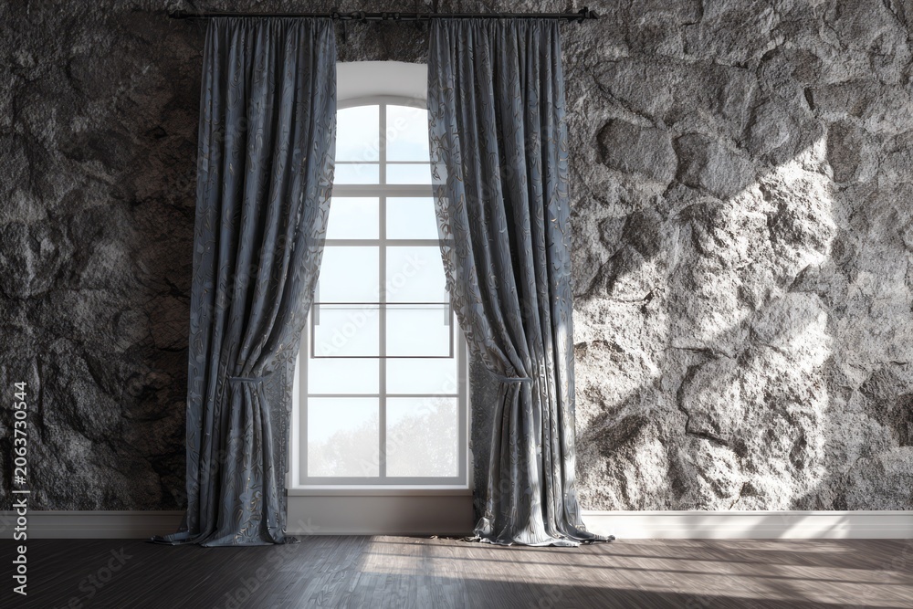 Fototapeta premium Arched window with drapery against a textured stone wall.