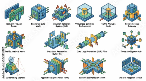 Fotografi Collection of isometric icons representing cybersecurity concepts and network security elements
