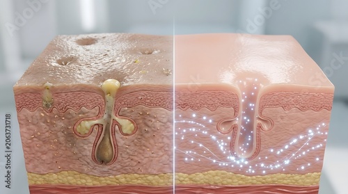 3d illustration of skin pore treatment, showing a clogged pore with acne compared to a clean, healthy pore