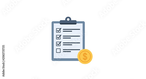 Clipboard with checklist and dollar money coin icon, representing project cost, financial management, or investment plan