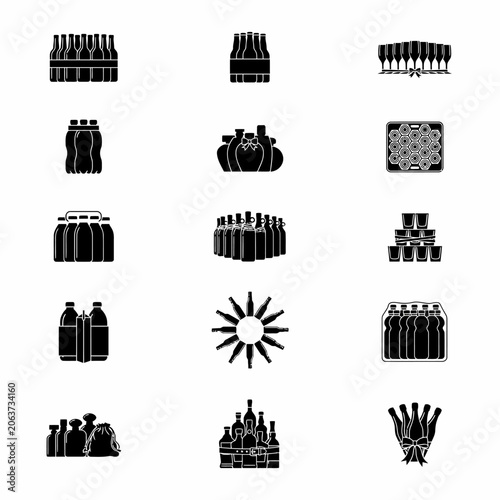 Quadro su tela Collection of black and white bottle and glass icons for drinks
