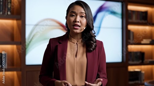 Poised Asian female executive in burgundy suit leads an innovation briefing before an abstract digital display, recognizing business women's day inside a library-style corporate presentation room