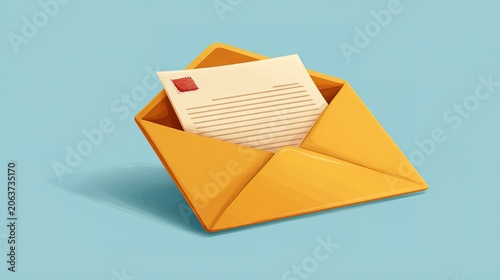Yellow envelope containing a paper letter with a red stamp