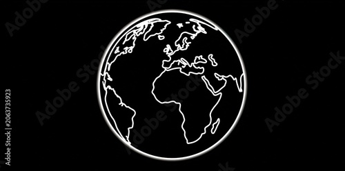 Glowing white outline of planet earth on a black background