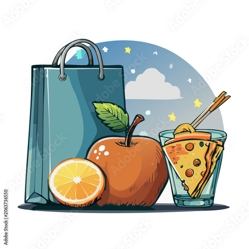 Cartoon shopping bag with fruits and pizza slice