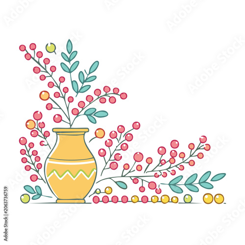 Flat Design Illustration of Flower Vase with Berries and Branches