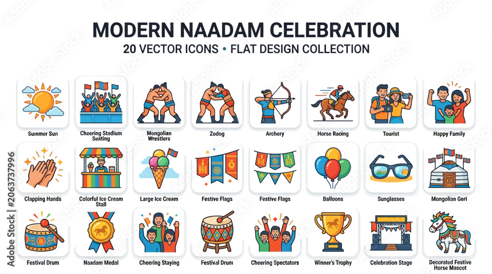 Fototapeta premium Naadam celebration icons set, modern flat design vector collection