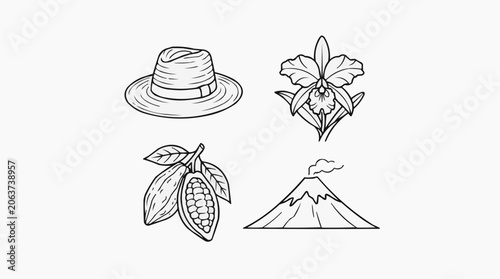 Volcano Outline with Ecuadorian Hat, Orchid Flowers and Cacao Pod Line Art Icons for Tourism Branding and Travel Marketing