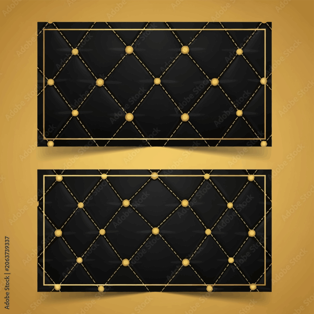 Fototapeta premium Luxury business card template with black quilted leather texture, gold diamond stitching, gold studs, and gold frame border on a gold background, front and back layout view.