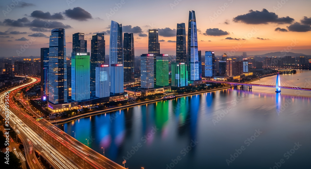 Obraz premium Modern city skyline at sunset with illuminated skyscrapers, a river, and a bridge with light trails from traffic in a bustling urban landscape