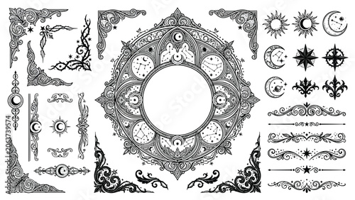 Intricate black and white vector set featuring ornate celestial frames, decorative corners, borders, and mystical astrological elements.