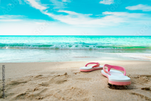 Cuadro en lienzo Pink and white sandals on sand beach