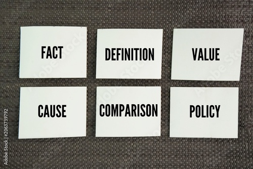 What are the six types of claims? fact, definition, value, cause, comparison, and policy word. Being able to identify these types of claim in other people's arguments can help students better craft 