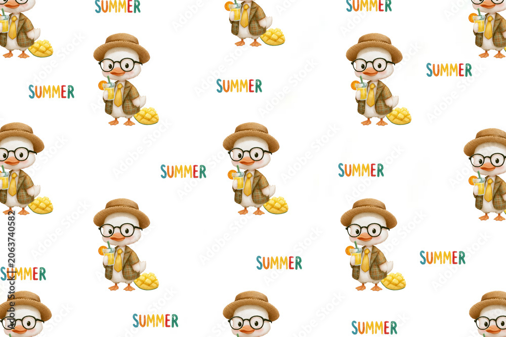 Fototapeta premium Seamless pattern featuring cute cartoon ducklings wearing hats and glasses with mango drinks